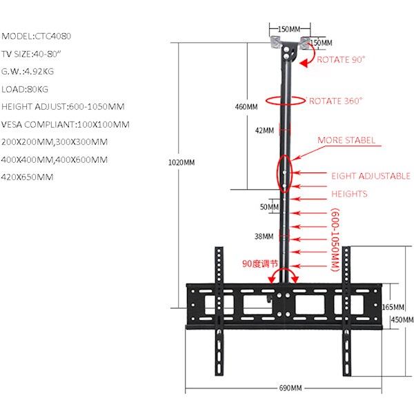 ALLSCREEN TV Ceiling Mount Bracket CTC4080 TV SIZE: 40"-80"