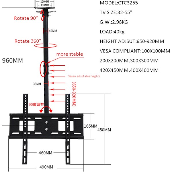 ALLSCREEN TV Ceiling Mount Bracket CTC3255 TV SIZE: 32"-55"